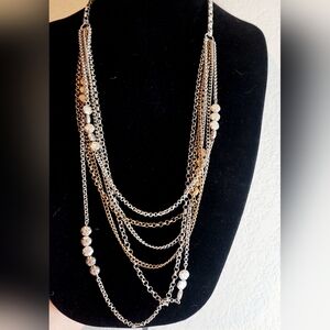 Lucky Brand Long Layered Gold & Silver Tone Multi Strand Mixed Metal Necklace